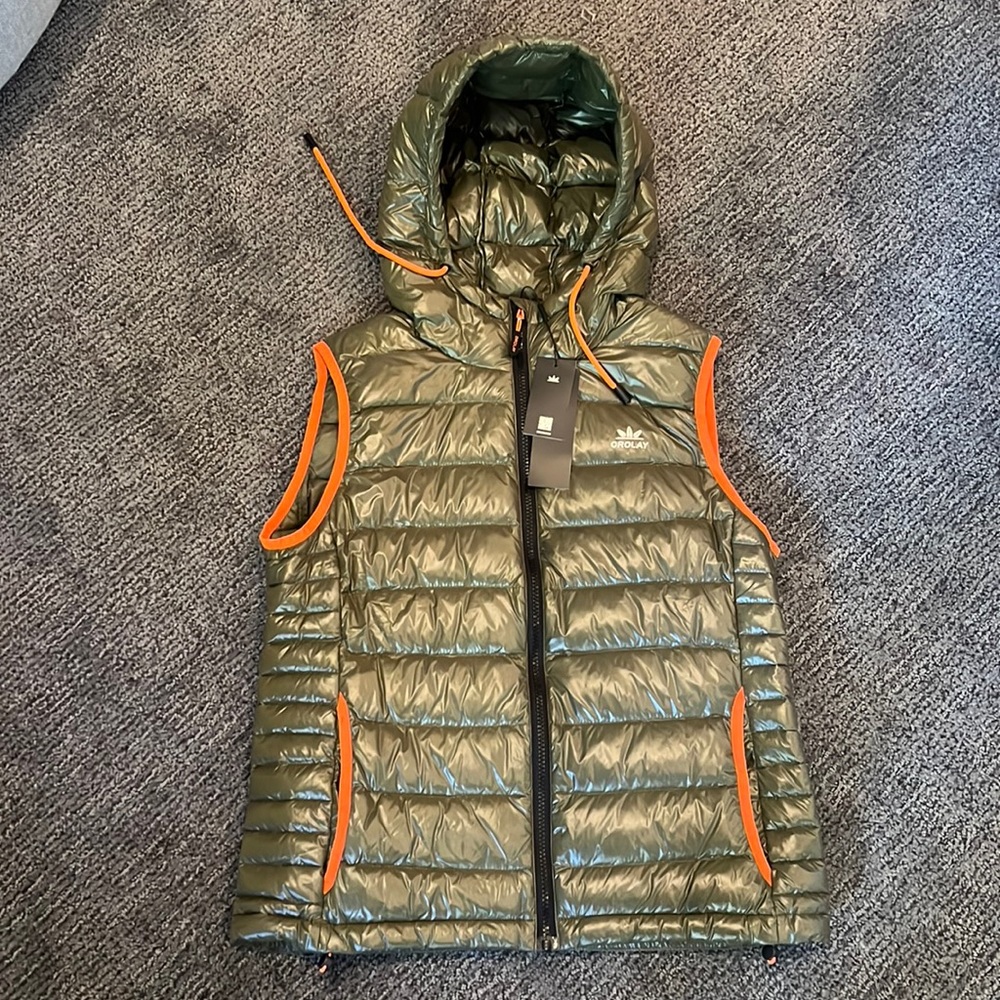 Olive Green Hooded Puffer Vest with Orange Accents